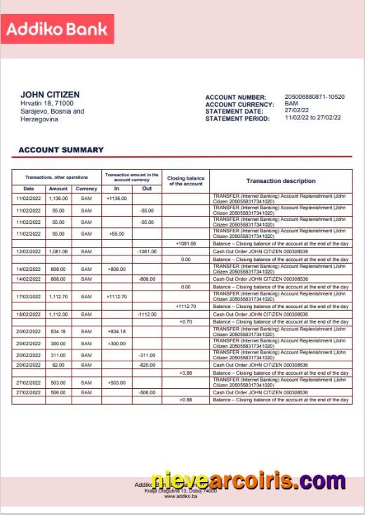 Bosnia and Herzegovina Addiko bank statement in Word and PDF format